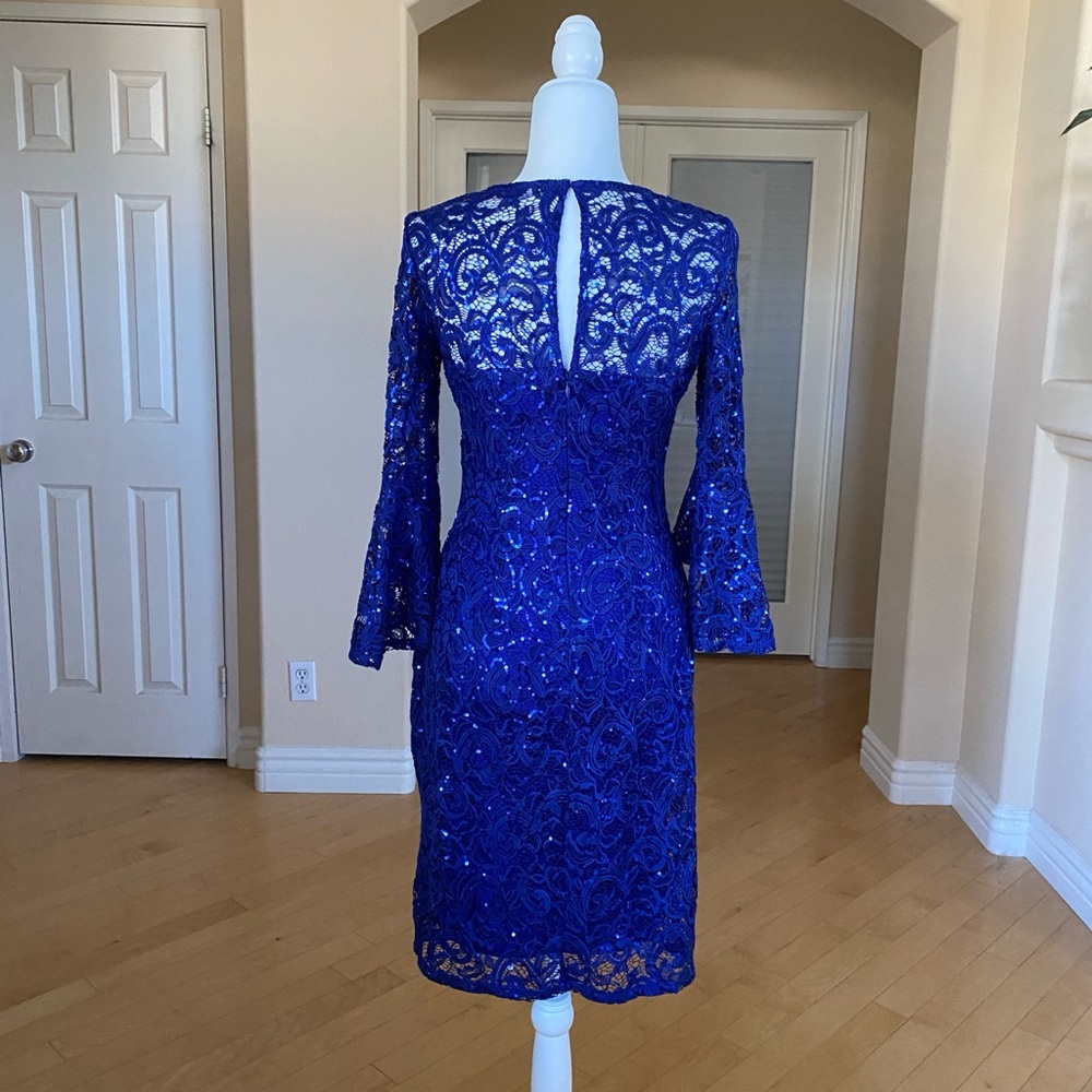 Sequined Royal Blue Stretch Lace Dress - Picture 3 of 8